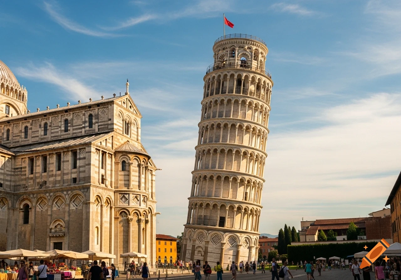 Photorealistic view of the Leaning Tower of Pisa and Cathedral, surrounded by people in a sunny square under a blue sky.