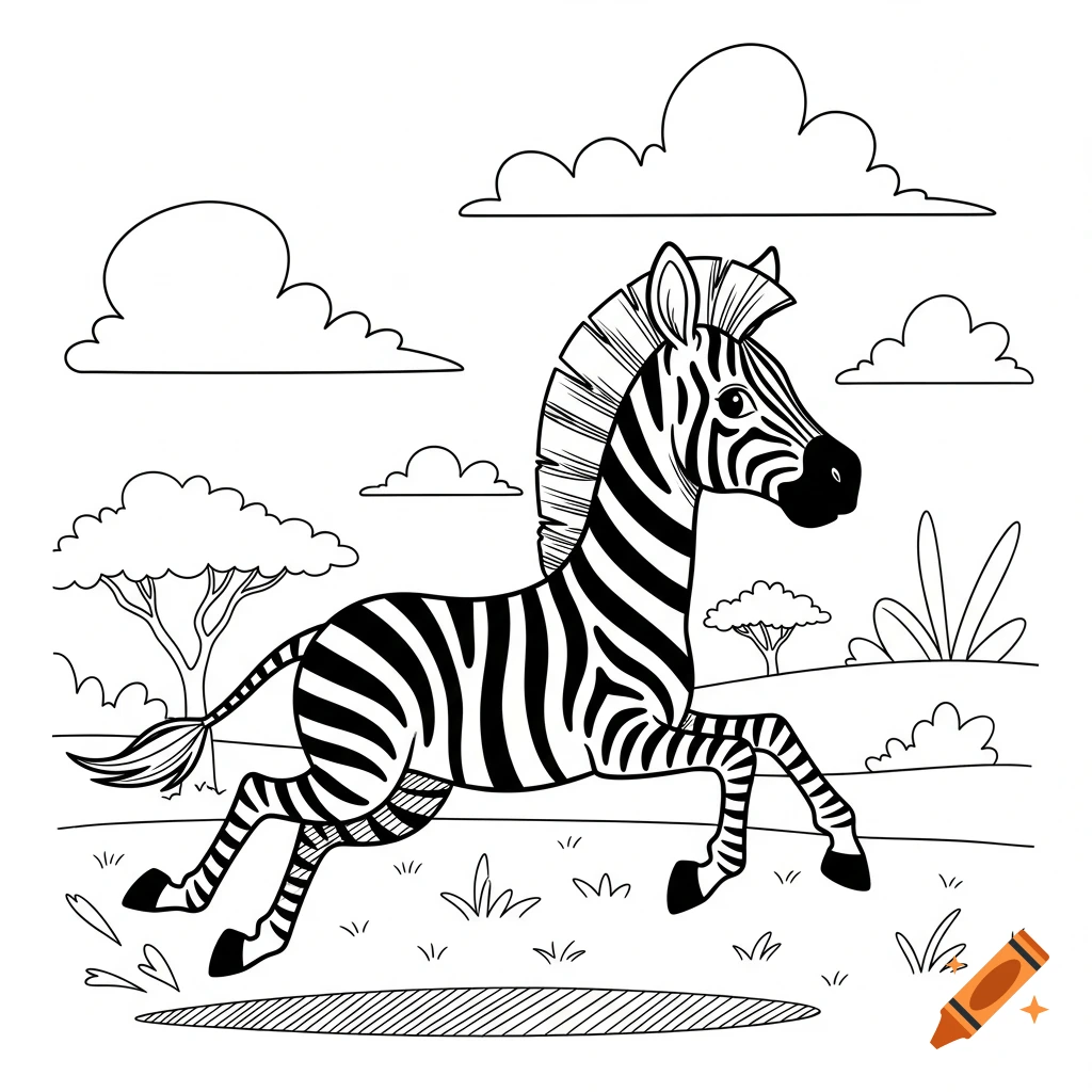 A black and white cartoon zebra runs across a grassy savanna with trees and clouds, in a coloring book style.