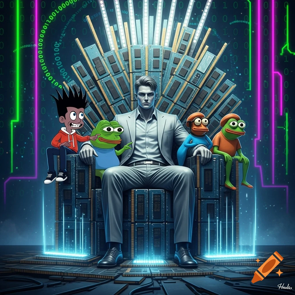 Gigachad-like man on a RAM throne with a cartoon boy and two Pepe the Frog characters against a digital binary background.