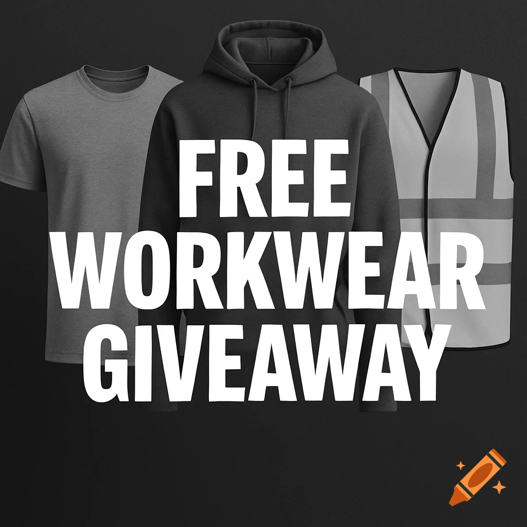 A gray t-shirt, dark gray hoodie, and hi-vis vest with large white text "FREE WORKWEAR GIVEAWAY" on a dark background.