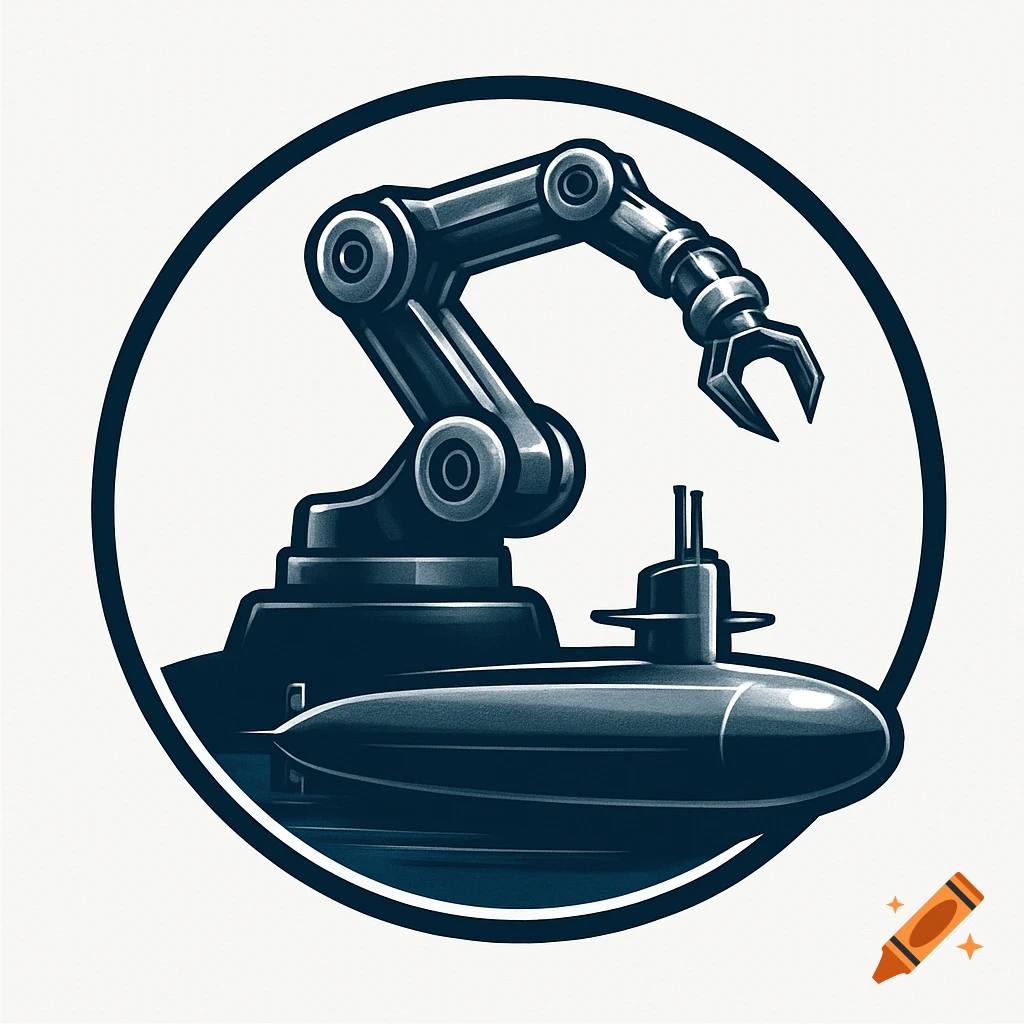 Stylized logo featuring a grey industrial robotic arm above a dark blue submarine, encased in a black circle.