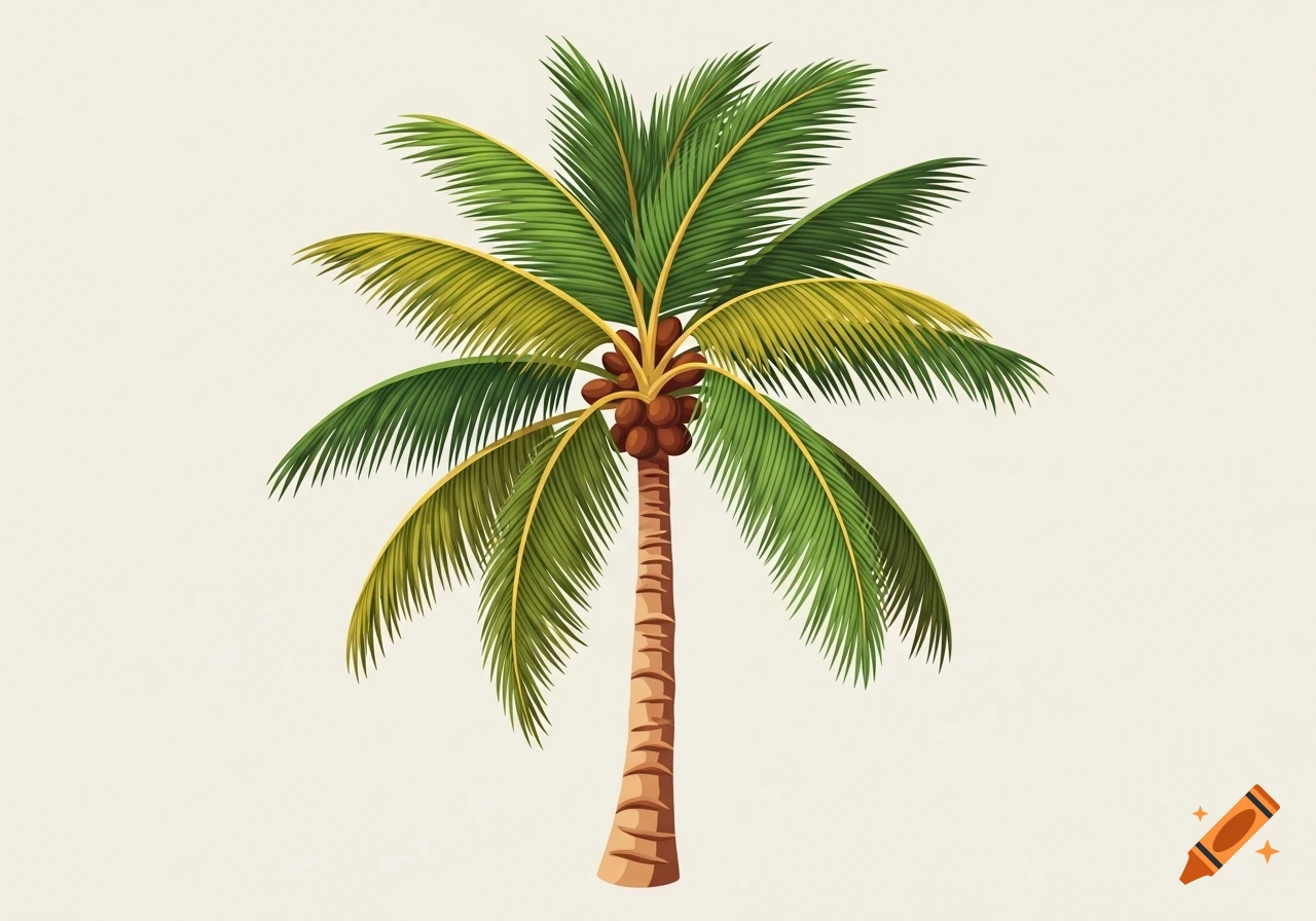 A stylized botanical illustration of a coconut palm tree with green and yellow fronds and brown coconuts on a plain background.