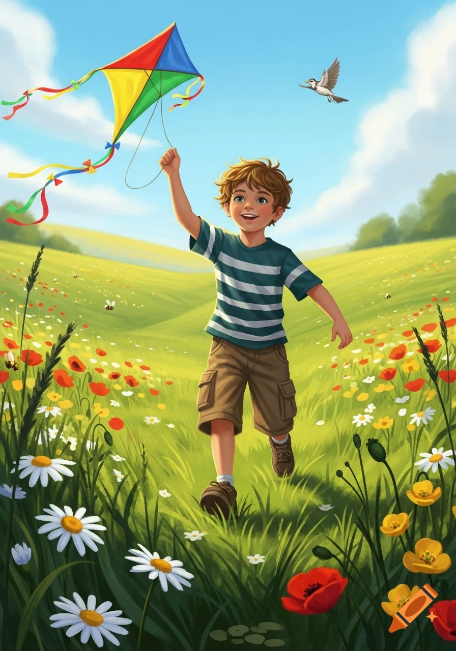 A cheerful illustrated boy runs through a vibrant flower-filled field, flying a colorful kite under a bright blue sky.