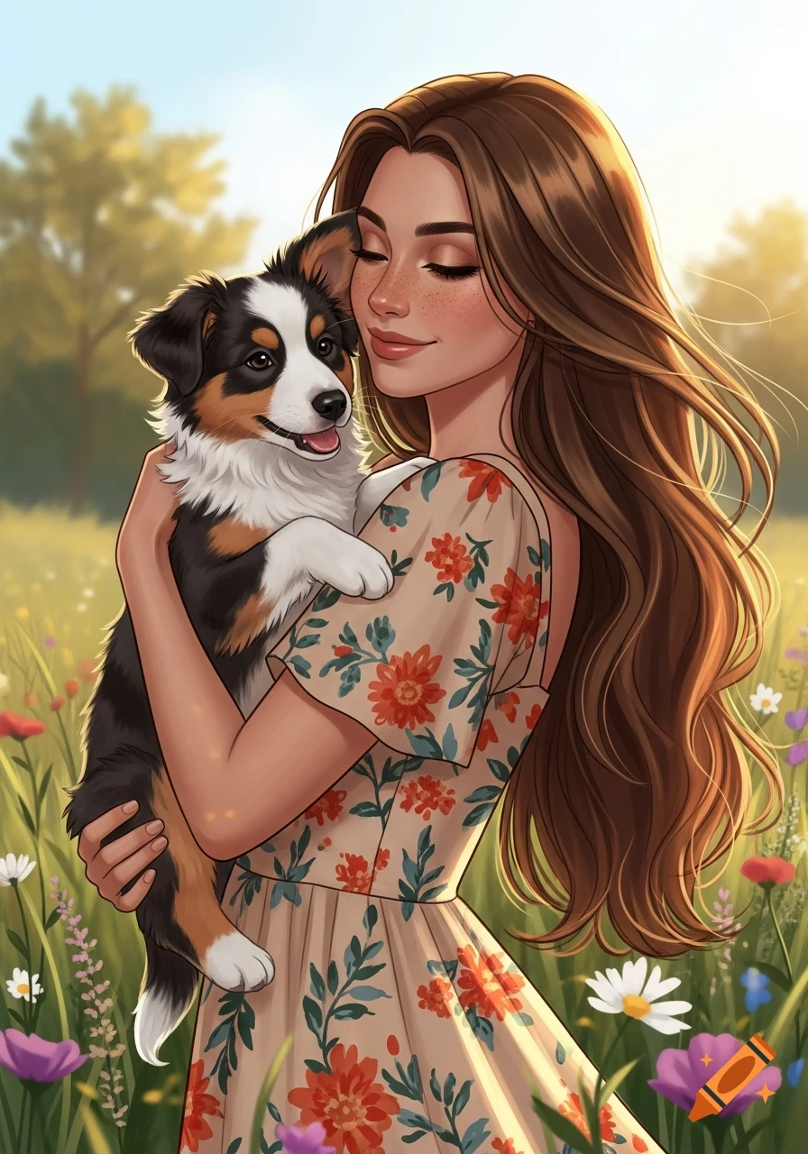 Illustrated young woman with long brown hair, freckles, closing her eyes and smiling while holding an Australian Shepherd puppy in a sunny wildflower field.