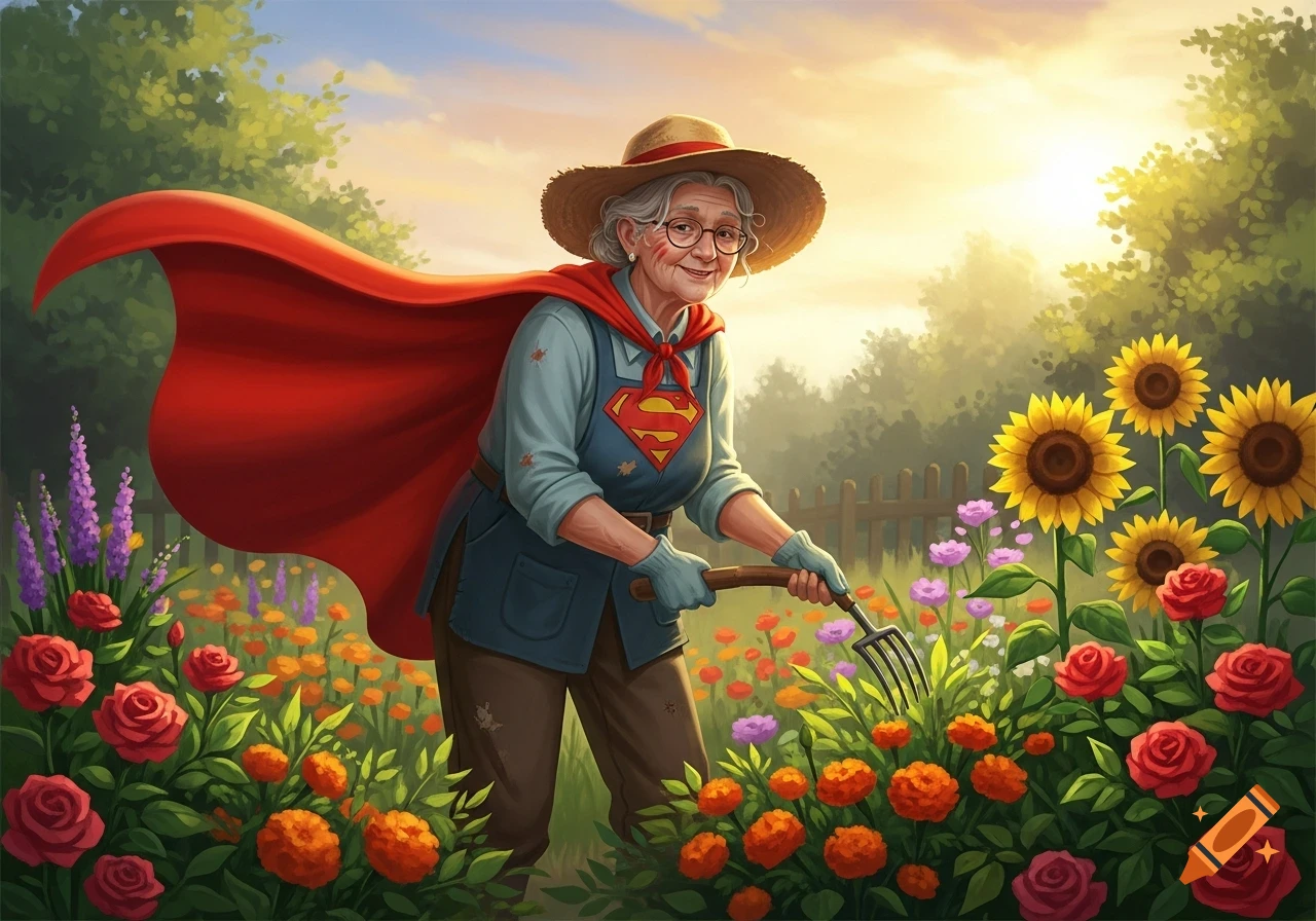 An elderly woman wearing a superhero cape and a straw hat gardens among colorful flowers under a bright sky, holding a small rake.