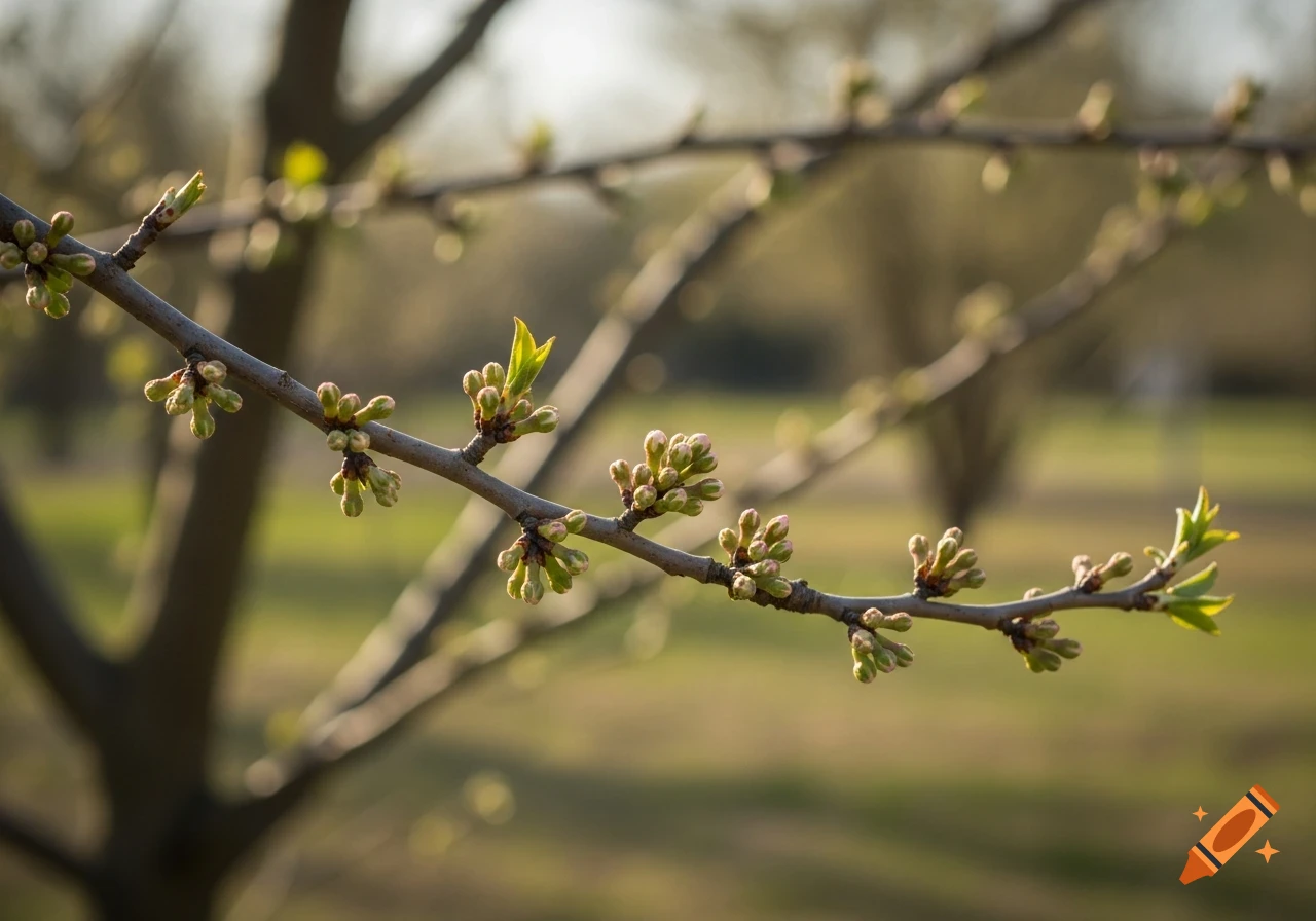Close-up of a fruit tree branch with tiny green buds and emerging leaves, in soft natural light.