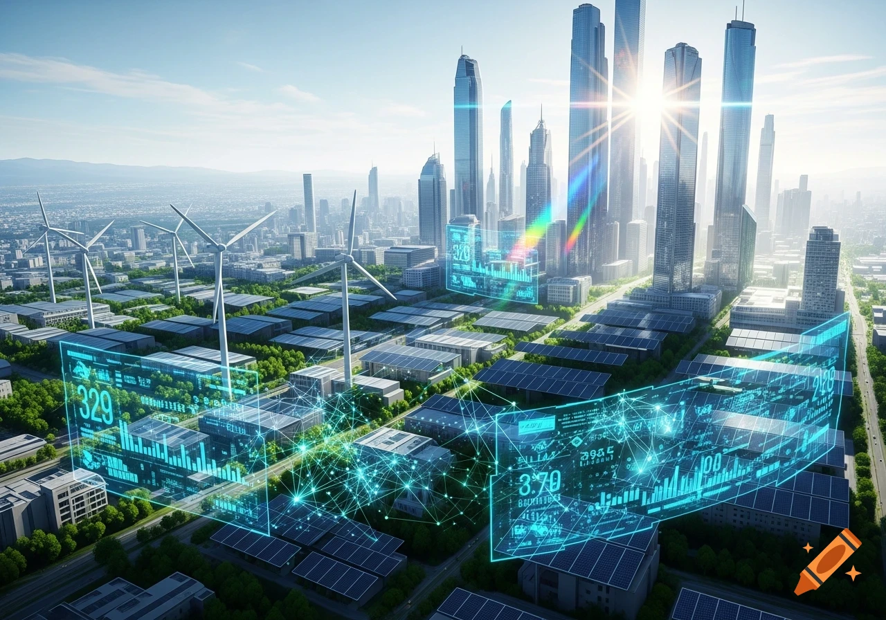 Aerial view of a futuristic city with wind turbines, solar panels, and glowing digital data interfaces.