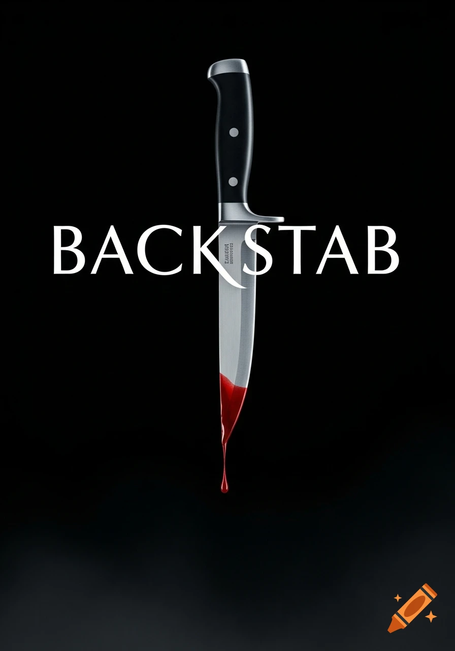 A black movie poster with the word 'BACKSTAB' in white. A silver knife with a black handle is centered, with blood dripping from its tip.