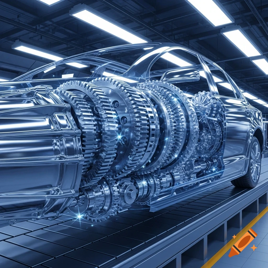 A highly detailed, photorealistic cutaway view of a car's transmission system, showing complex gears and mechanics in a futuristic factory setting.