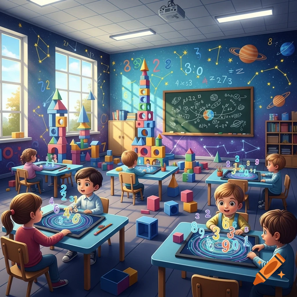 Bright, colorful kindergarten classroom with children learning mathematics, surrounded by number-themed decorations and building blocks.