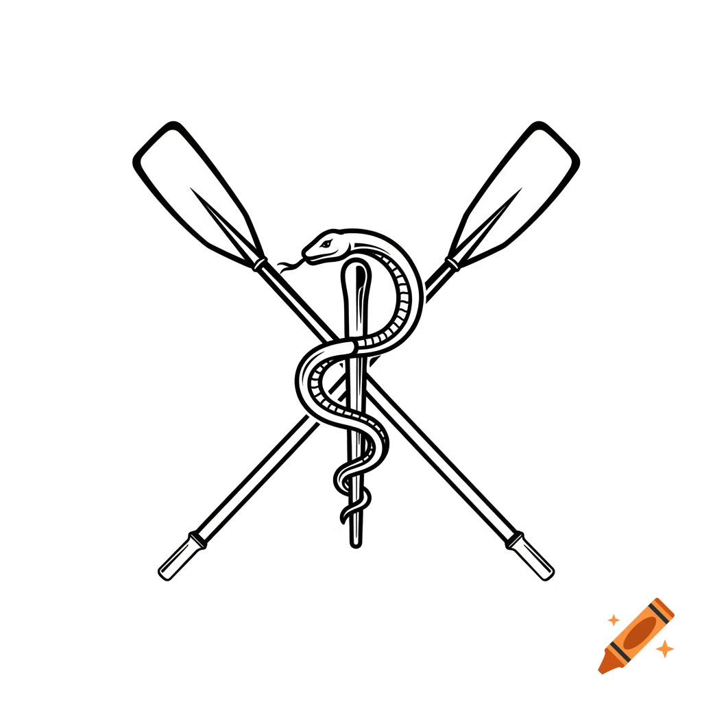 A black and white graphic design featuring two crossed rowing oars with a snake wrapped around a rod, symbolizing veterinary medicine.