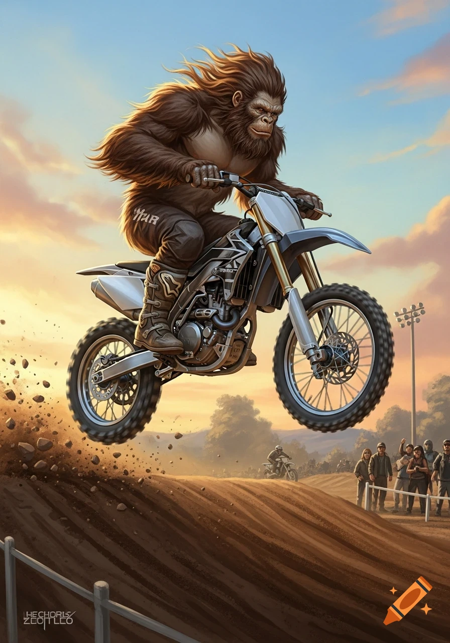 A powerful Sasquatch in motocross gear rides a dirt bike, mid-air over a jump on a sunny track, kicking up dirt as spectators watch.