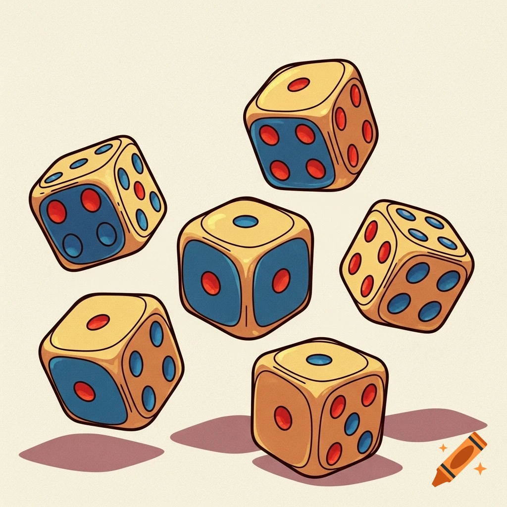 Six cartoonish yellow dice with blue and red pips scattered on a light background.