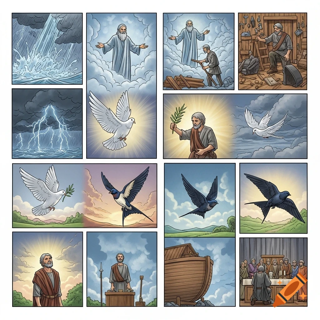 A twelve-panel comic strip illustrating a biblical narrative, featuring scenes of a flood, God and a man, ark construction, a storm, doves with olive branches, flying swallows and ravens, and a gathering of robed figures.