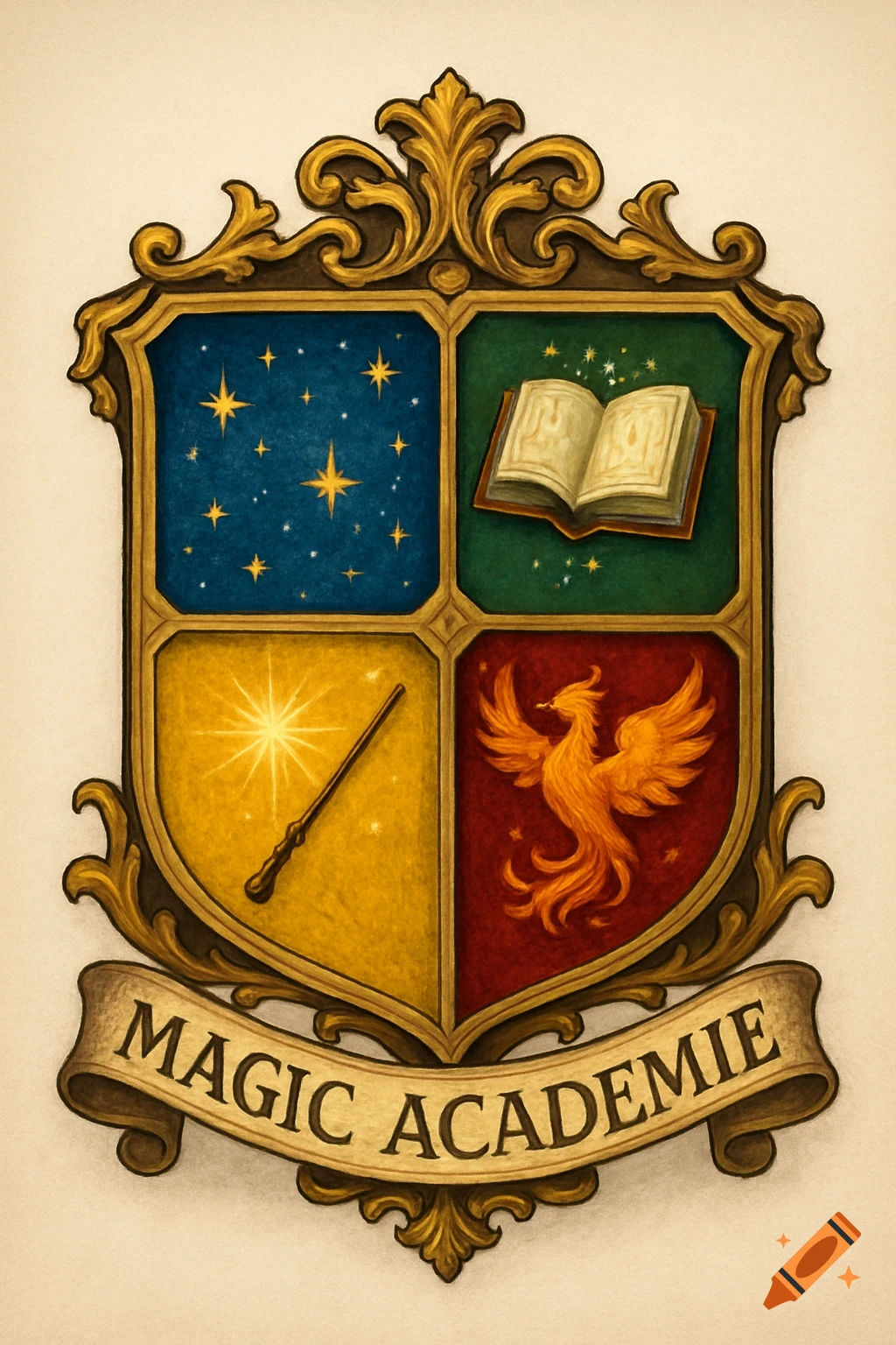 A detailed fantasy heraldic crest for 'Magic Academie' with stars, an open book, a glowing wand, and a phoenix.