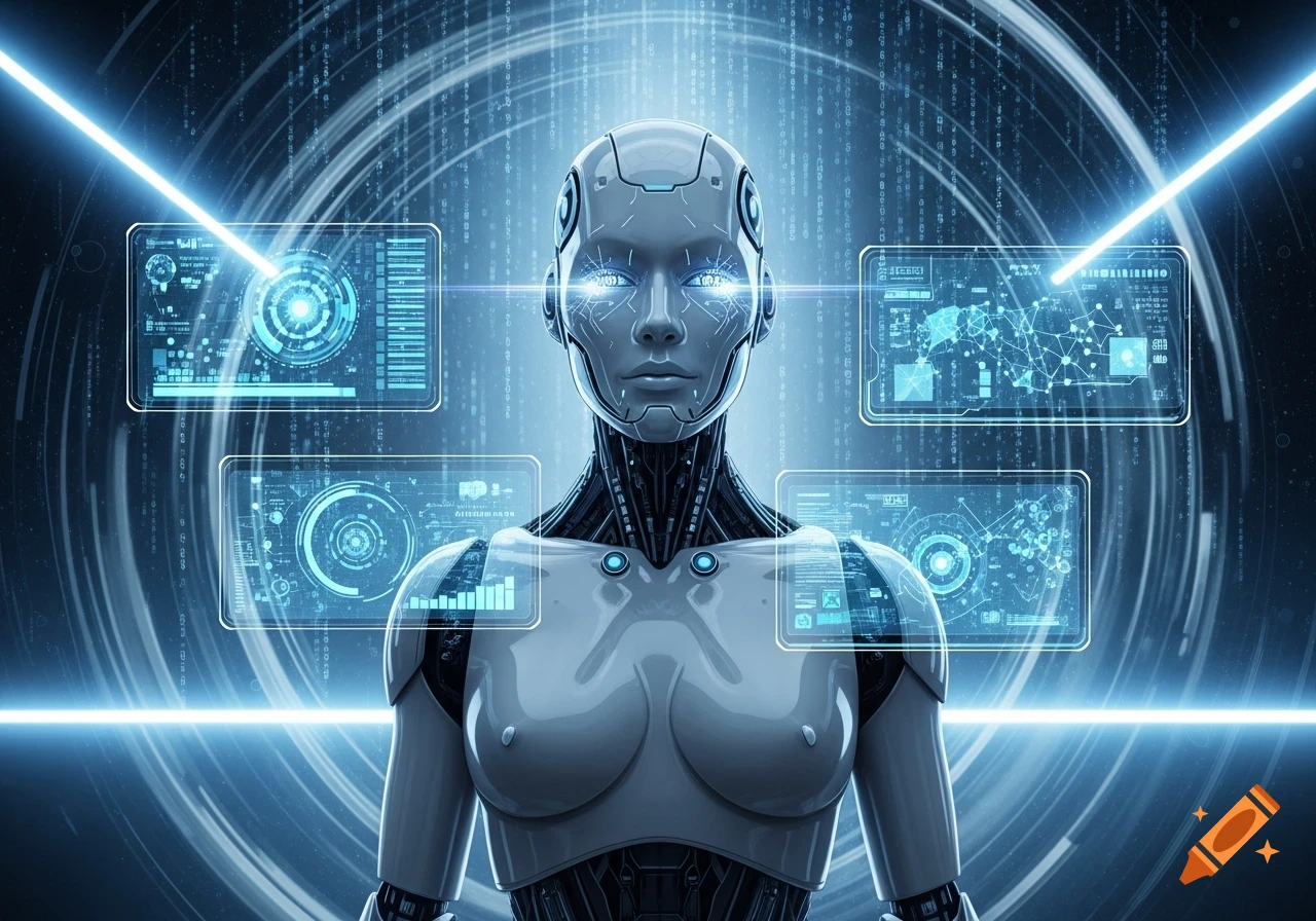A futuristic humanoid robot with glowing blue eyes and mechanical details stands centered, surrounded by holographic data screens and bright blue light beams.