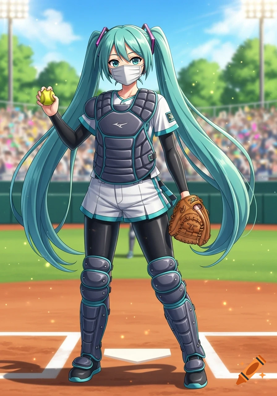 Hatsune Miku as a softball catcher wearing a face mask, chest protector, and leg guards, holding a ball and glove on a sunny baseball field.