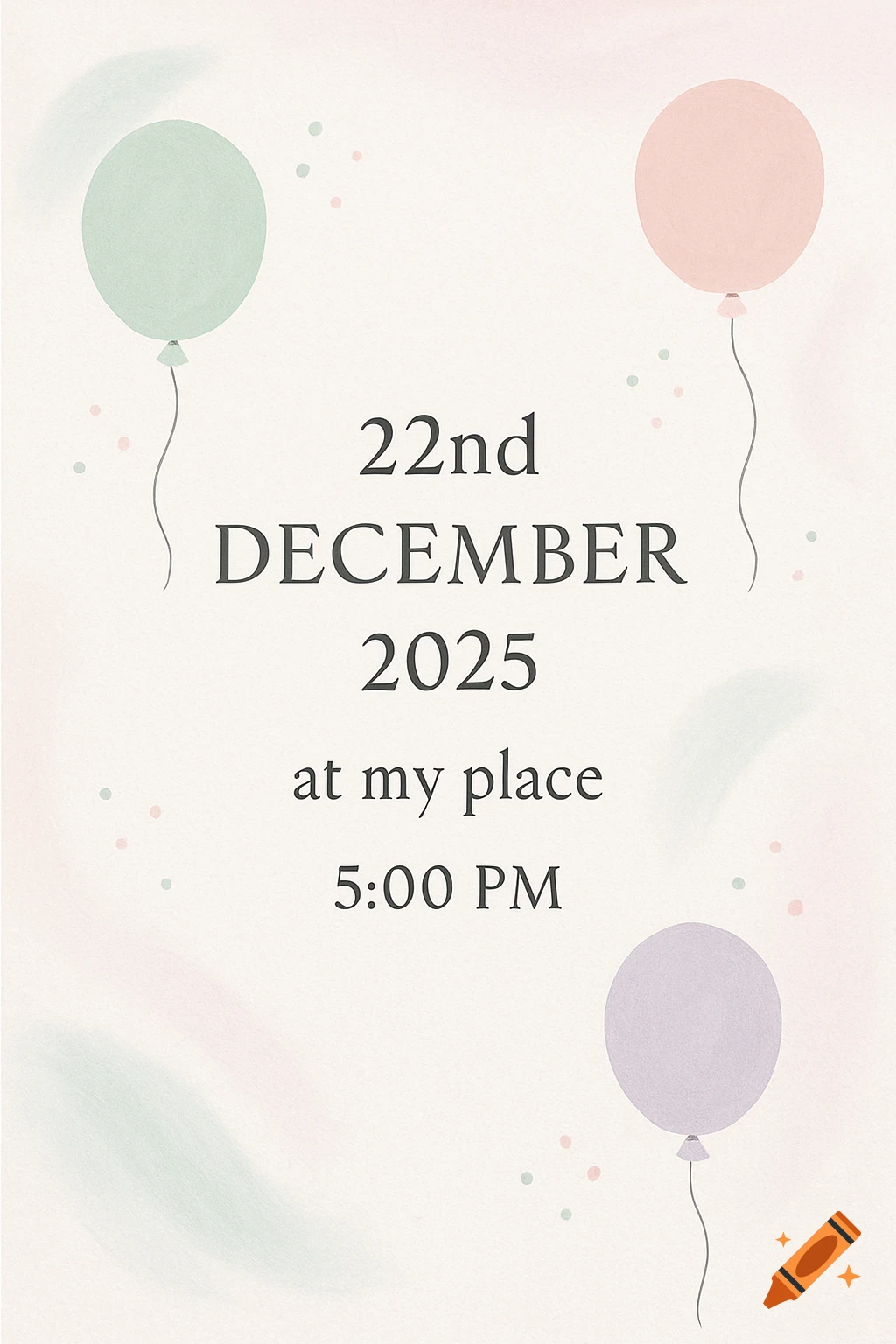 Pastel birthday invitation card with three balloons and text for December 22, 2025, 5 PM.