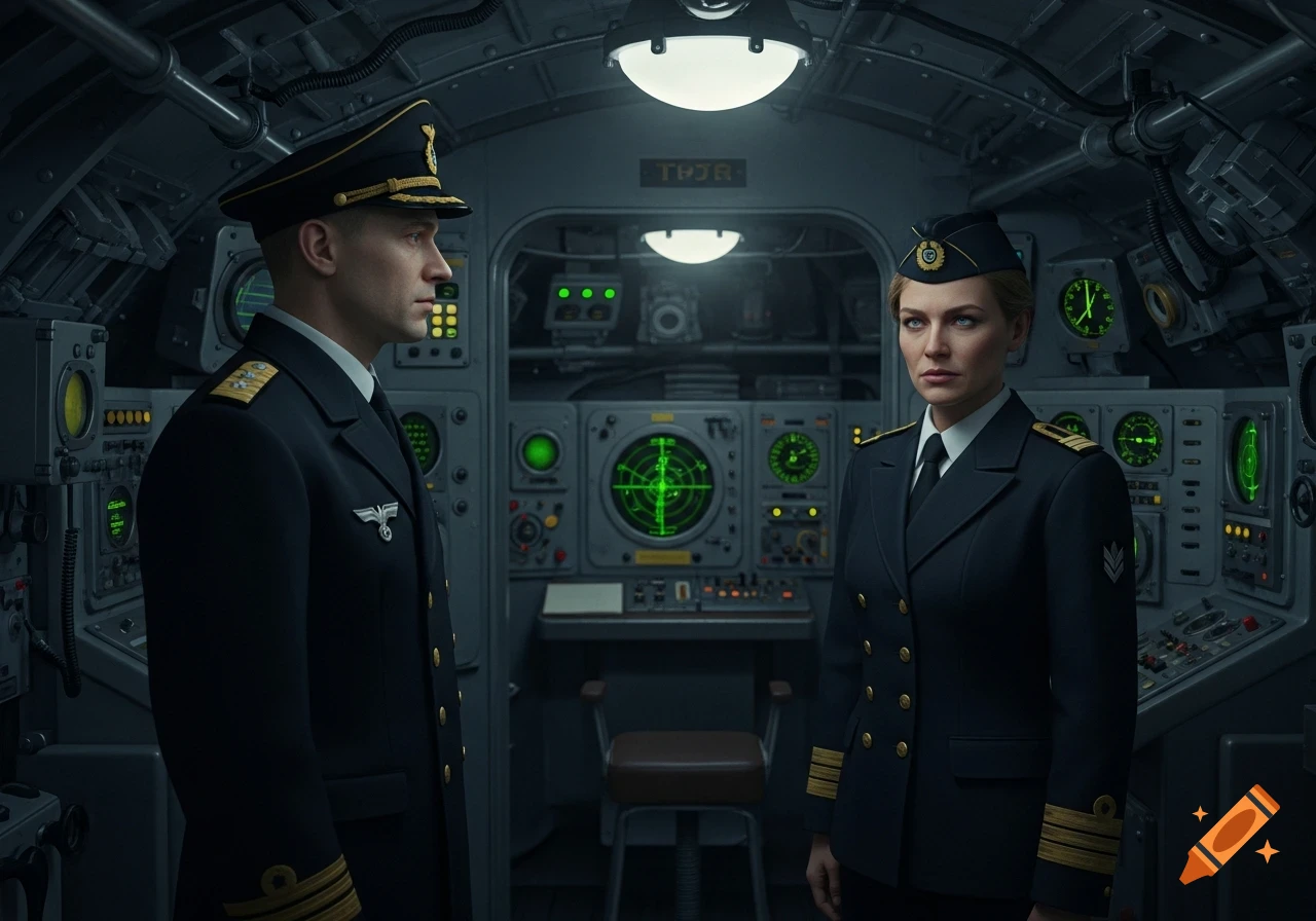 Two photorealistic naval officers in dark uniforms stand facing each other in a dimly lit submarine control room.