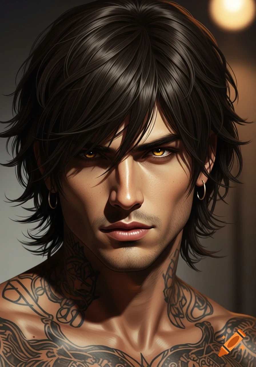 Photorealistic portrait of a man with dark hair, golden eyes, and a tattooed chest and neck.