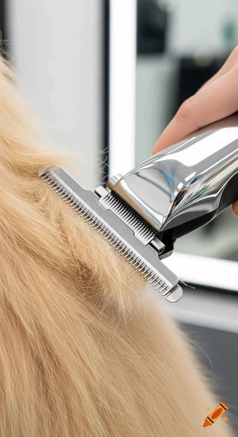 Close-up of a hand using a shiny silver pet clipper to trim light brown fur.