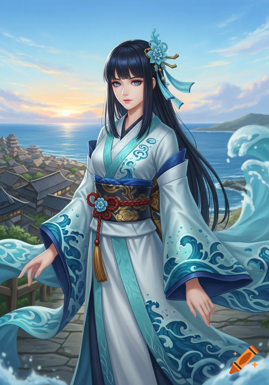 Anime fantasy illustration of a young woman in a white and aqua kimono with wave patterns, standing over a Japanese village by the ocean at sunset.