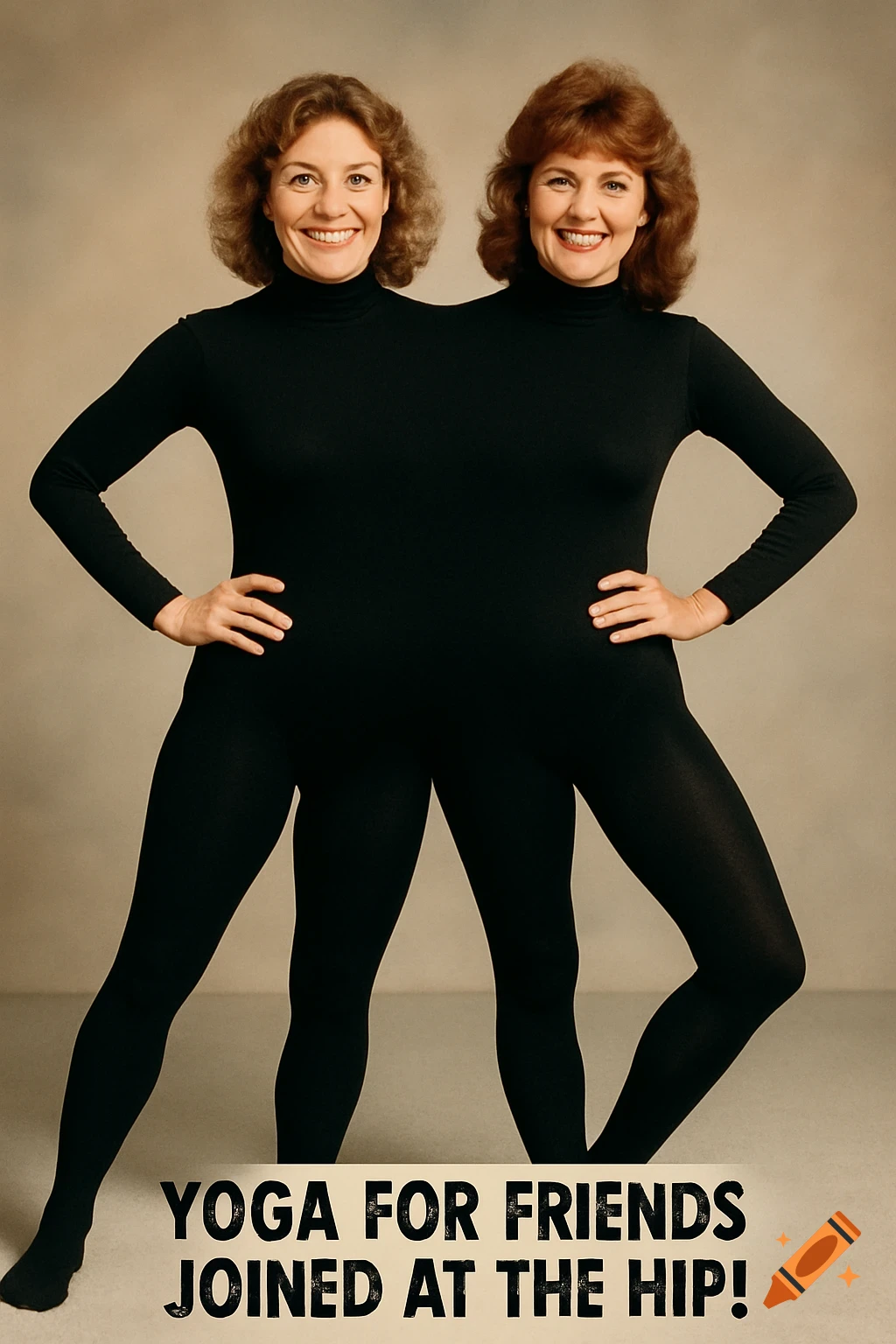 Two smiling women in a conjoined black leotard pose for a vintage 1980s promo photo with text 'YOGA FOR FRIENDS JOINED AT THE HIP!'.