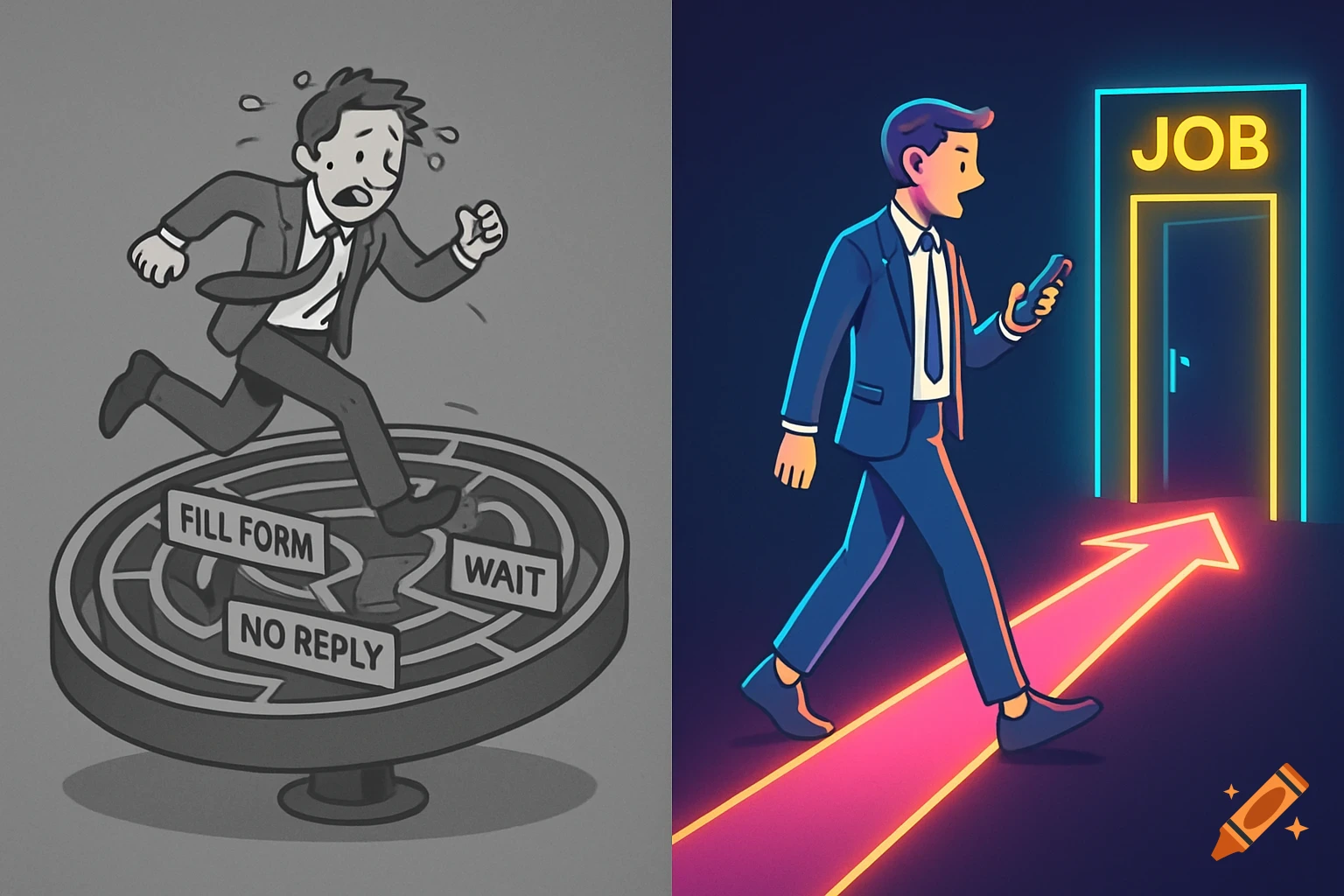 A split cartoon image. Left: A stressed man runs on a maze-like treadmill with 'Fill Form', 'Wait', 'No Reply'. Right: A calm man walks on a neon arrow towards a 'JOB' door, looking at his phone.