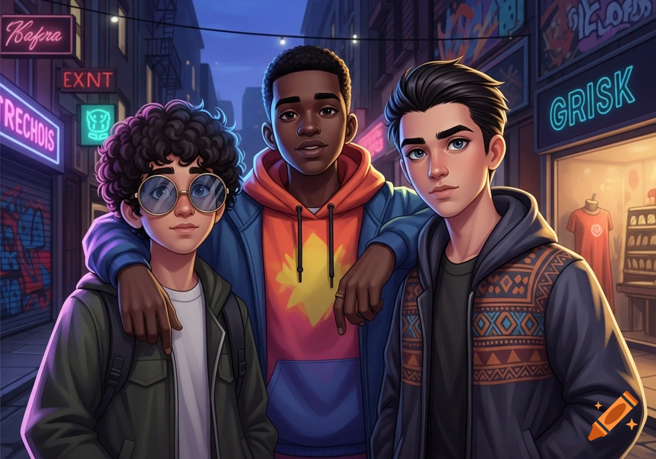 Three young boys, one with glasses, stand together in a vibrant, stylized city street with neon signs at night.