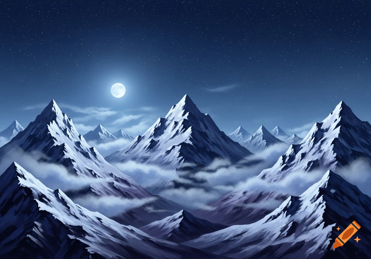 Illustrated starry night landscape with snow-capped mountains and a full moon above clouds.