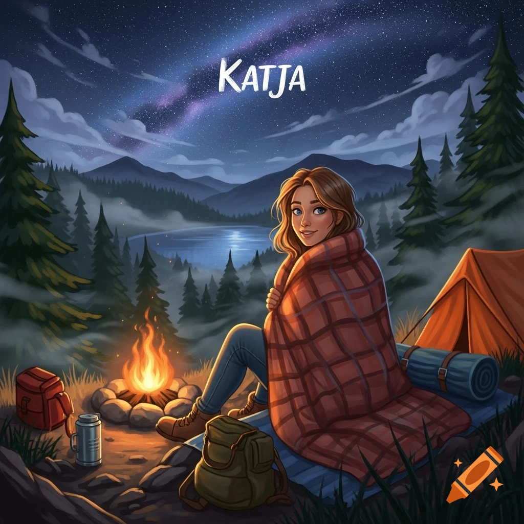 An illustration of a woman wrapped in a blanket by a campfire at night, with a tent, mountains, a lake, and the Milky Way. The name 'KATJA' is in the sky.