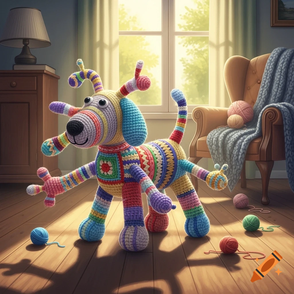 A colorful, oddly shaped crochet dog stands on a wooden floor in a sunlit room, surrounded by balls of yarn.