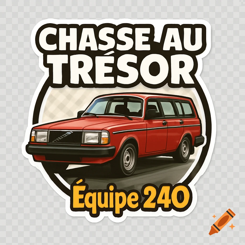 Cartoon sticker of a red Volvo 240 station wagon with "CHASSE AU TRÉSOR" at the top and "Équipe 240" at the bottom on a transparent background.