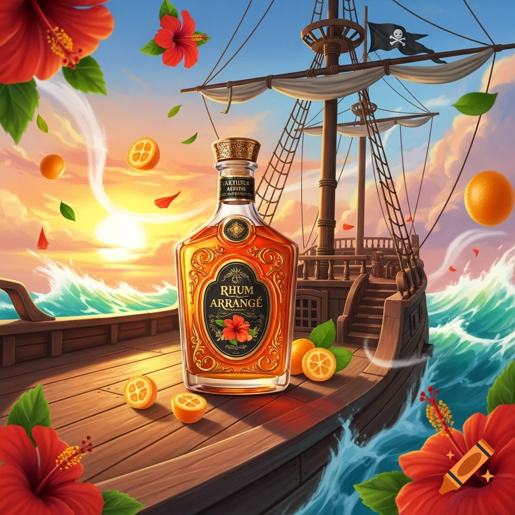 A bottle of rhum arrang on a wooden pirate ship deck at sunset, surrounded by kumquats, hibiscus flowers, and crashing waves.