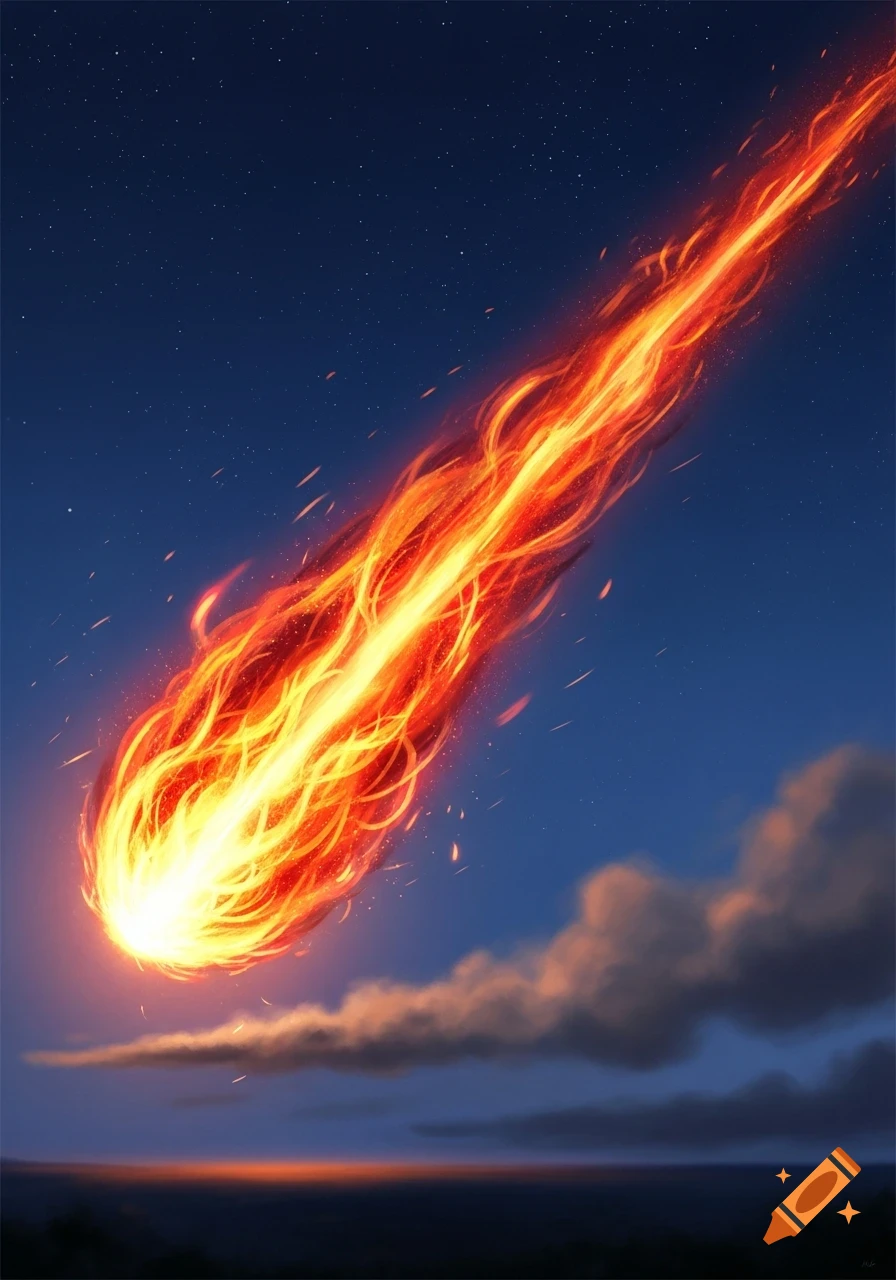 A bright orange-red flaming meteor with a long tail streaks diagonally across a dark blue starry night sky, with clouds illuminated near the horizon.