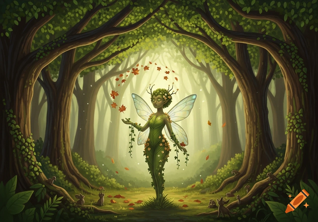 A whimsical green fairy with butterfly wings and a leafy dress stands in a mystical sunlit forest, surrounded by small animals and falling autumn leaves.
