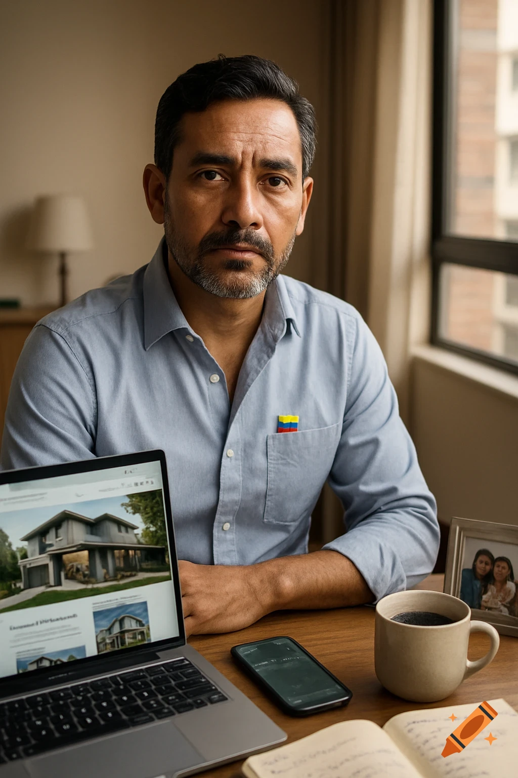 A serious Latino man with a beard and a Colombian flag pin sits at a desk with a laptop, phone, and coffee cup.
