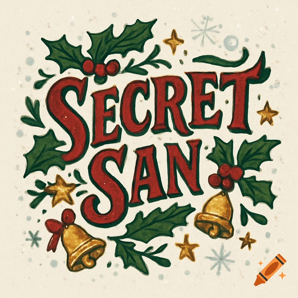 A festive, hand-drawn 'SECRET SAN' logo in red text, surrounded by green holly, red berries, golden bells, stars, and snowflakes.