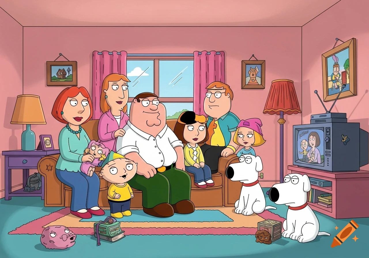 The Family Guy characters, including Peter, Lois, Meg, Chris, Stewie, and two Brians, pose in their living room in cartoon style.