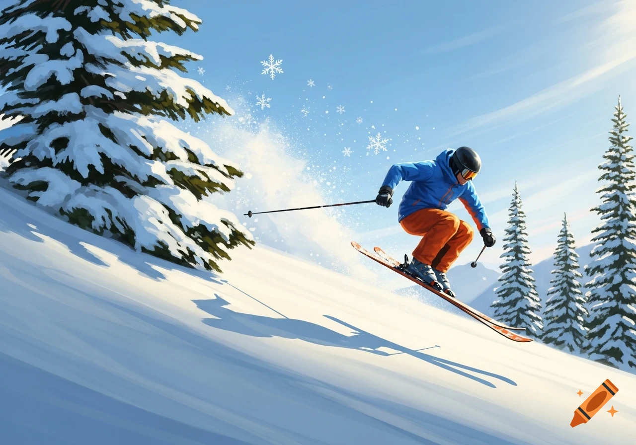 A person in a blue jacket and orange pants skis down a snowy slope with pine trees under a clear blue sky.