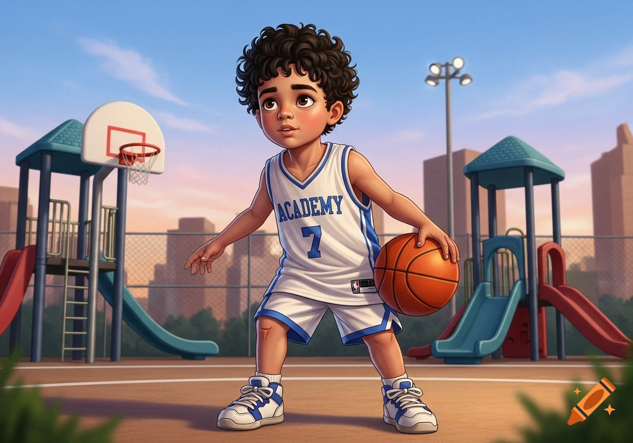 A cartoon boy with curly hair in a white 'ACADEMY 7' basketball jersey dribbles a ball on an outdoor court with a playground and city in the background.