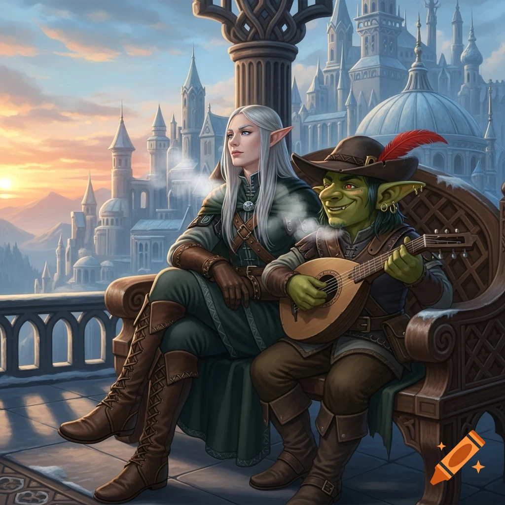 An elf and a green goblin bard sit on a balcony overlooking a snowy castle town at sunset.