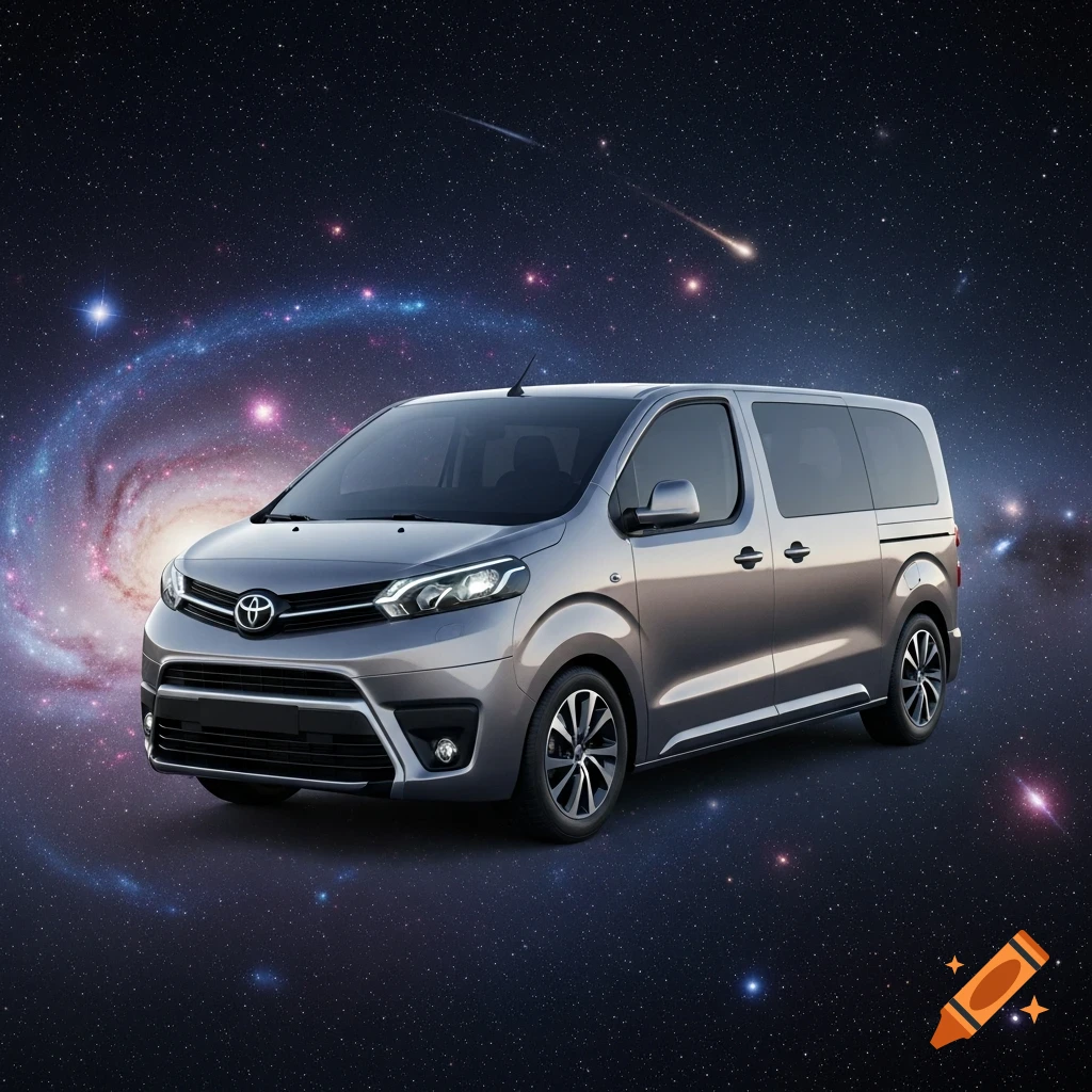 A silver Toyota Proace Verso minivan is parked on a starry, dark purple and blue space ground with a spiral galaxy in the background.