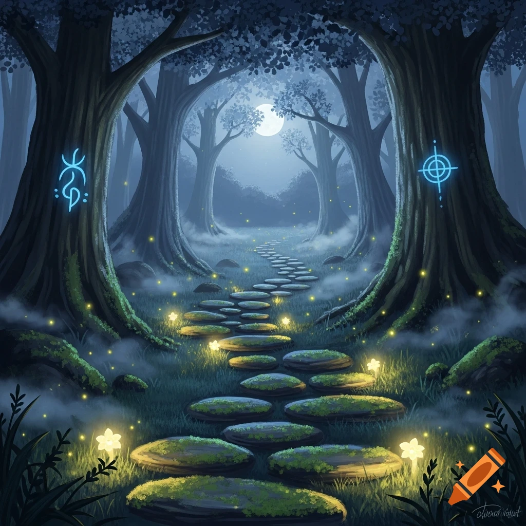 A glowing stone path winds through a mystical moonlit forest, with ...