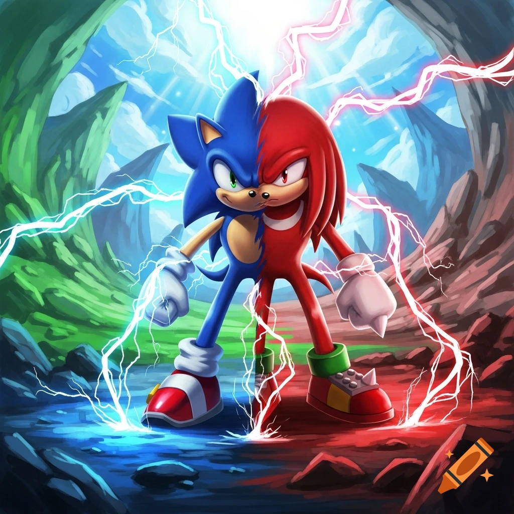 A fused Sonic and Knuckles stands, emanating lightning, in a vibrant, split-color fantasy landscape.