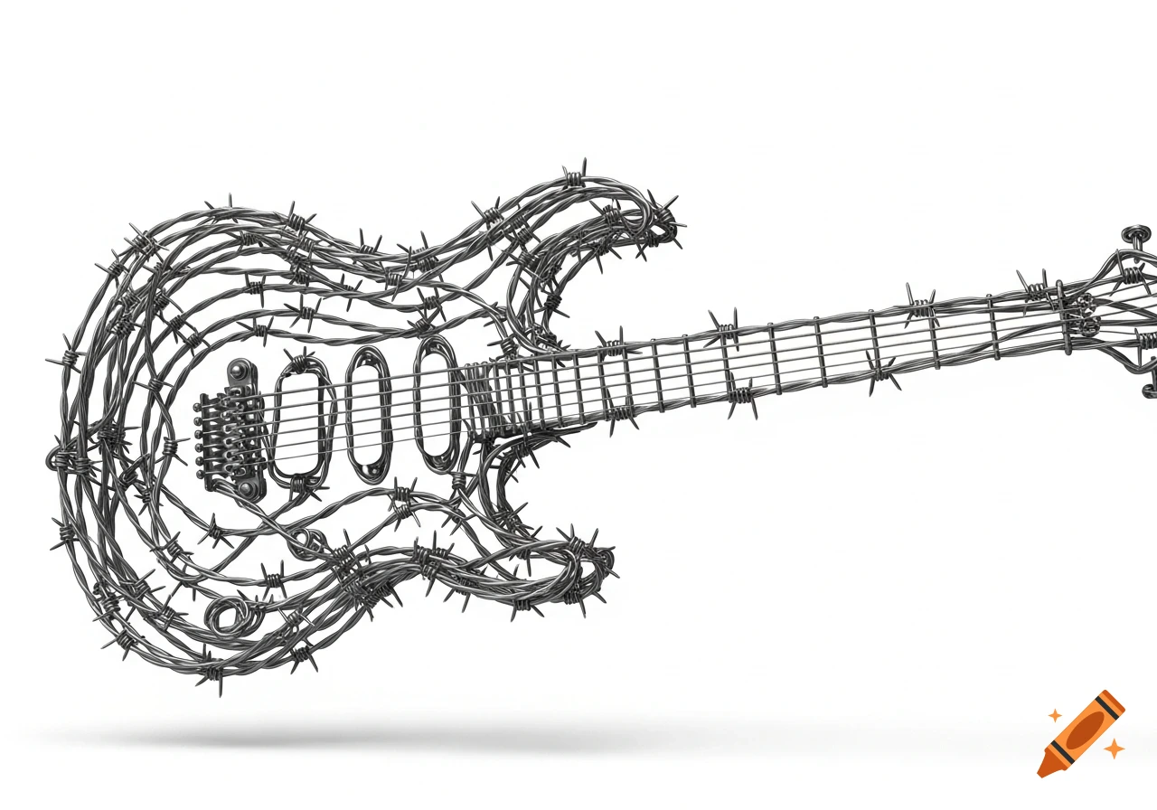 An electric guitar intricately crafted entirely from barbed wire, depicted against a plain white background.
