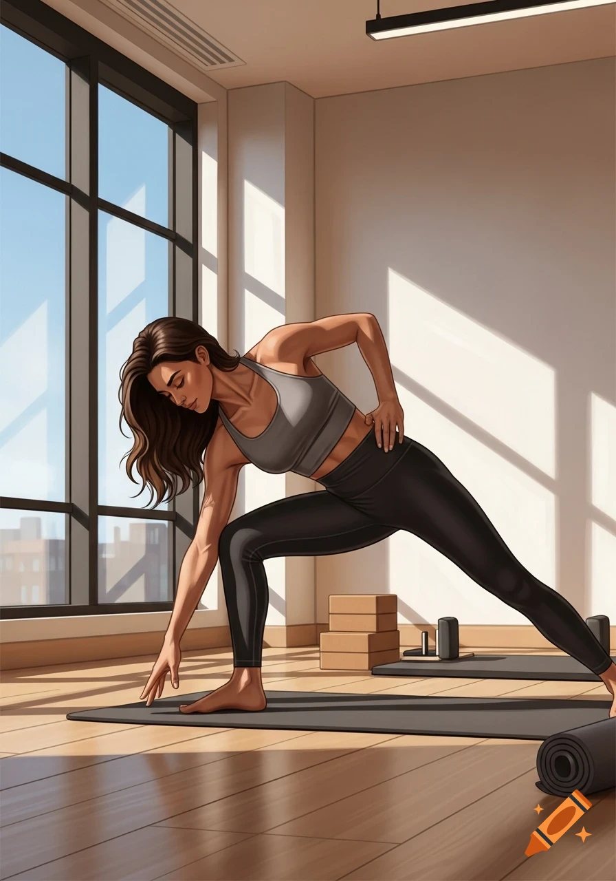 A fit brunette woman in a grey sports top and black leggings performs a yoga pose on a mat in a bright, modern studio with large windows.