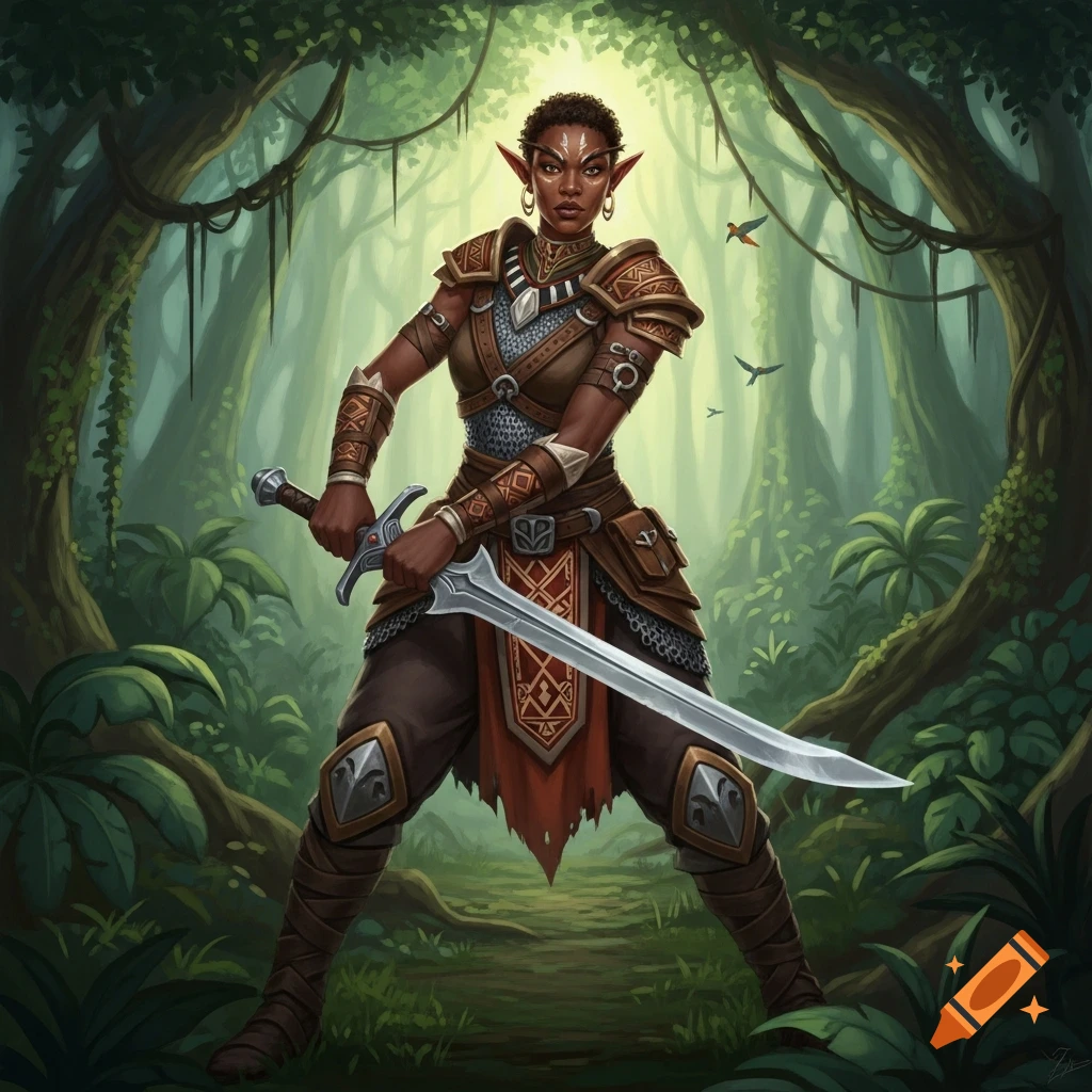 A dark-skinned female half-elf warrior with short hair, pointed ears, and ornate armor stands in a lush jungle holding a sword.