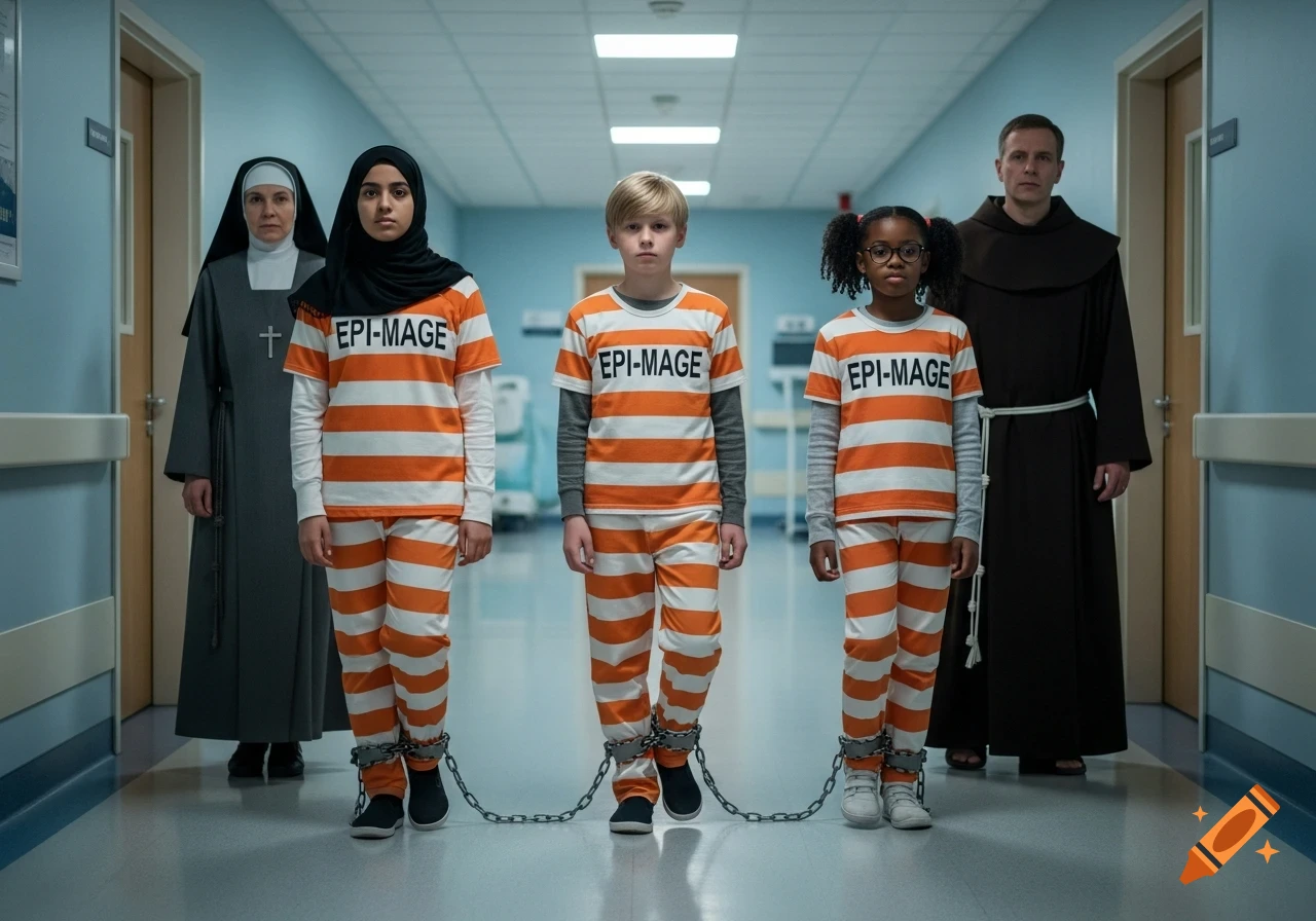 Three children in striped prison jumpsuits, chained, stand in a hospital hallway, escorted by a nun and friar.