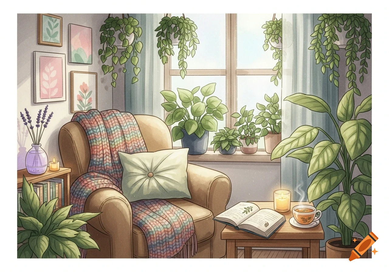 An illustration of a cozy reading nook with an armchair, a blanket, many potted plants, a window, an open book, and a cup of tea.